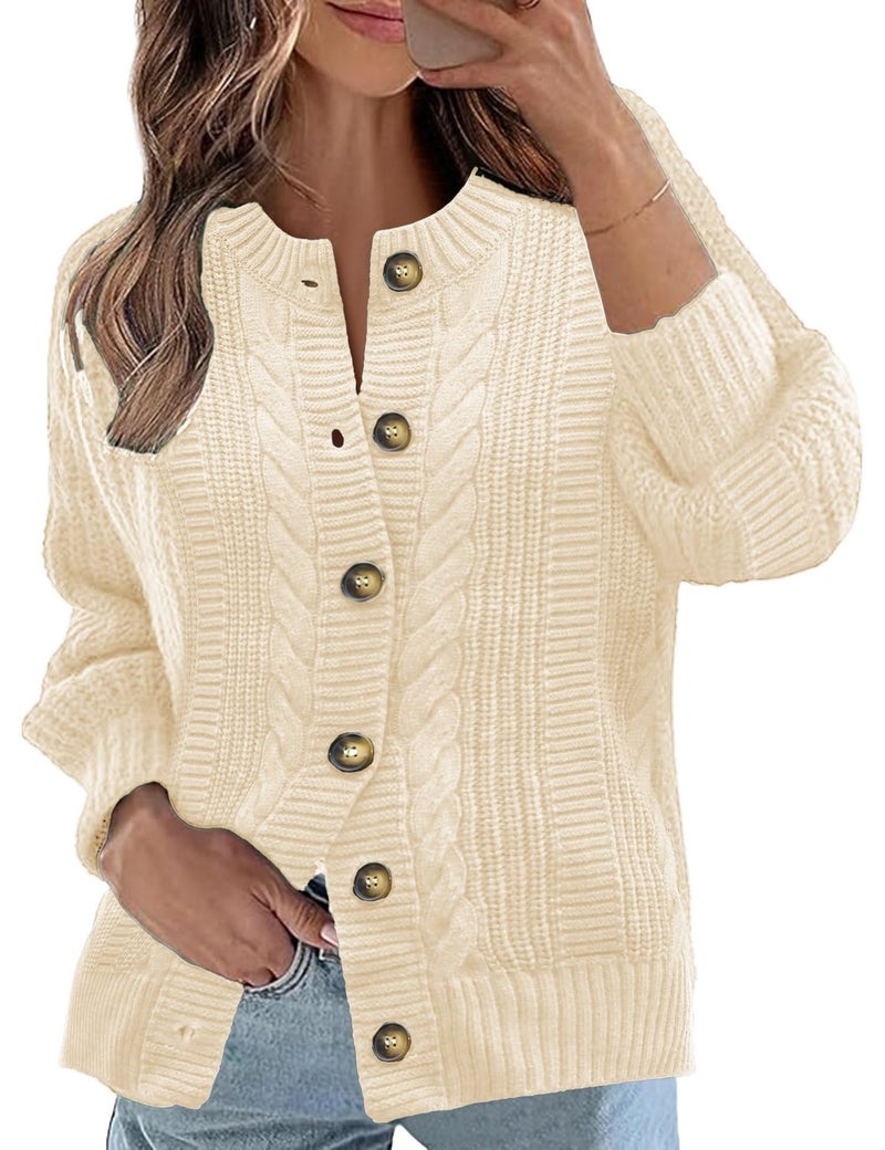 Rapbin Women's Cardigan Sweaters Button Crewneck Open Front Long Sleeve Fall&Winter Knit Coat (Apricot L) - Image 1