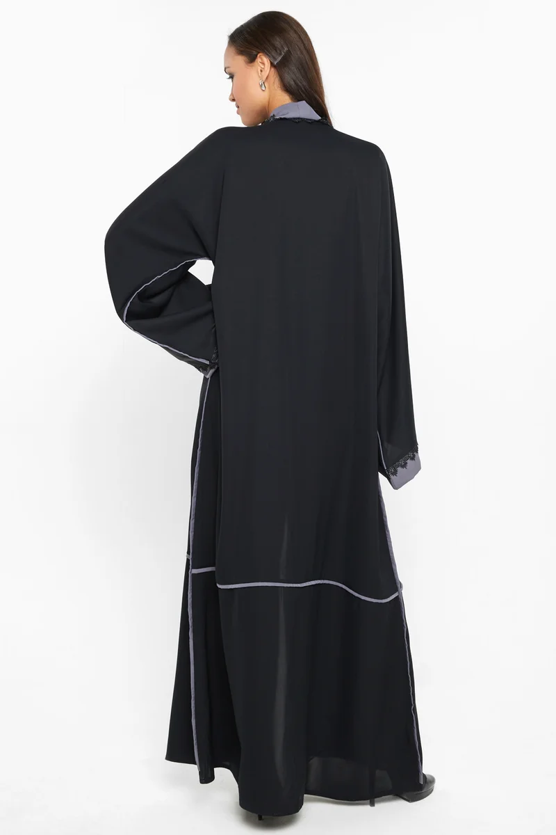 NUKHBAA A gorgeous abaya with grey satin stripe detail by the sleeves and closure .-AJ594A