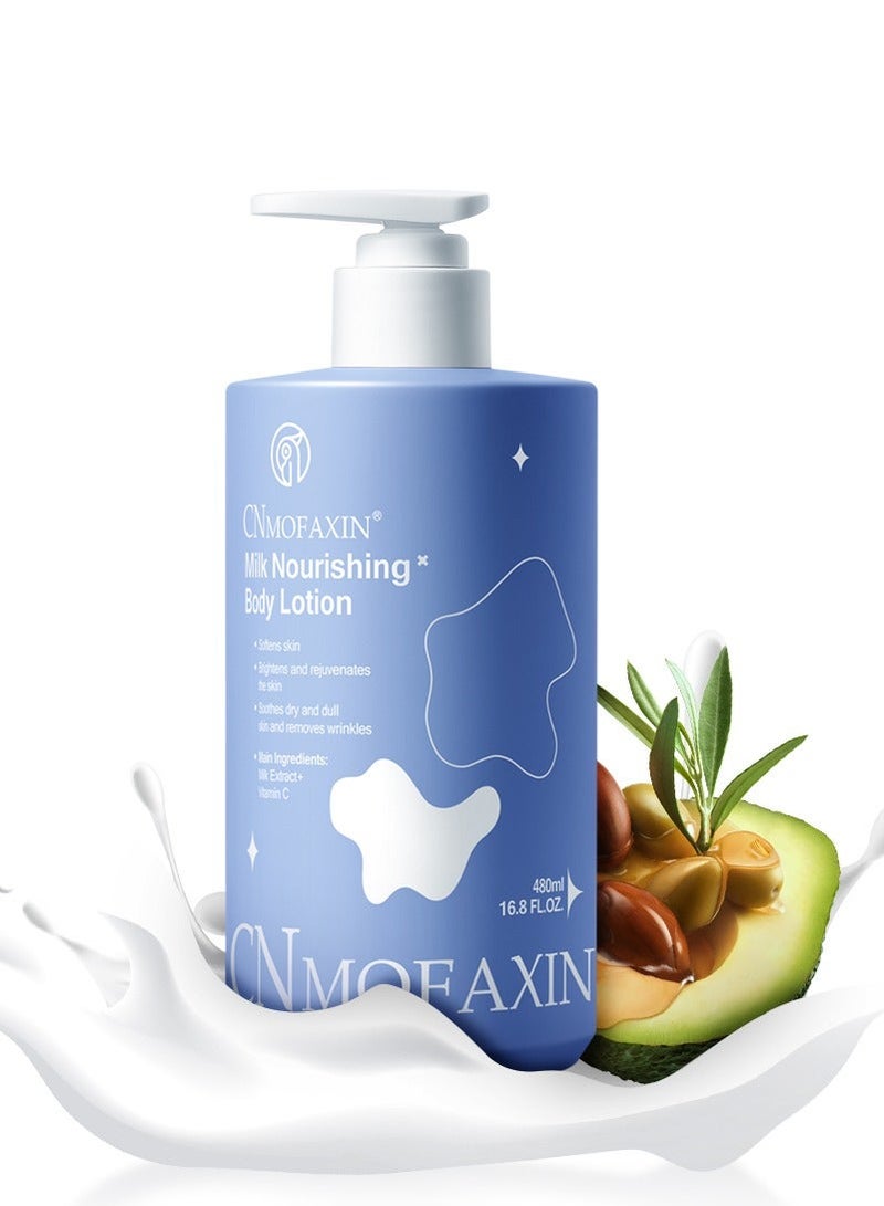 CNMOFAXIN لوشن الجسم المغذي بالحليب (480 مل × 2 عبوة) – لوشن ترطيب عميق وتفتيح البشرة مع مستخلص الحليب وفيتامين C – يهدئ البشرة الجافة، ويستعيد الإشراقة، والنعومة، والرطوبة – لليدين، الوجه، القدمين والجسم - Image 2