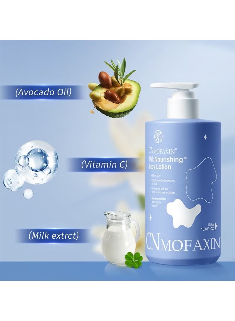 CNMOFAXIN لوشن الجسم المغذي بالحليب (480 مل × 2 عبوة) – لوشن ترطيب عميق وتفتيح البشرة مع مستخلص الحليب وفيتامين C – يهدئ البشرة الجافة، ويستعيد الإشراقة، والنعومة، والرطوبة – لليدين، الوجه، القدمين والجسم - Image 4