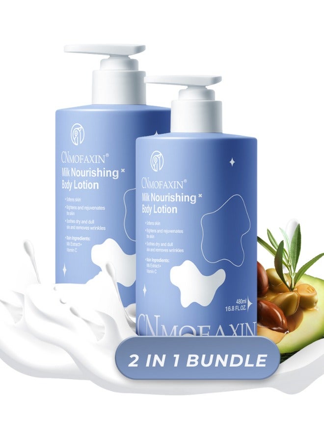 CNMOFAXIN لوشن الجسم المغذي بالحليب (480 مل × 2 عبوة) – لوشن ترطيب عميق وتفتيح البشرة مع مستخلص الحليب وفيتامين C – يهدئ البشرة الجافة، ويستعيد الإشراقة، والنعومة، والرطوبة – لليدين، الوجه، القدمين والجسم - Image 1