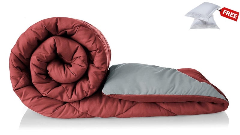 VAS COLLECTIONS Microfibre All Season/Winter Solid Reversible Double Bed Comforter Blanket | Quilt | Razai - (220 GSM, Maroon and Light Grey) 220x240cm - Image 1
