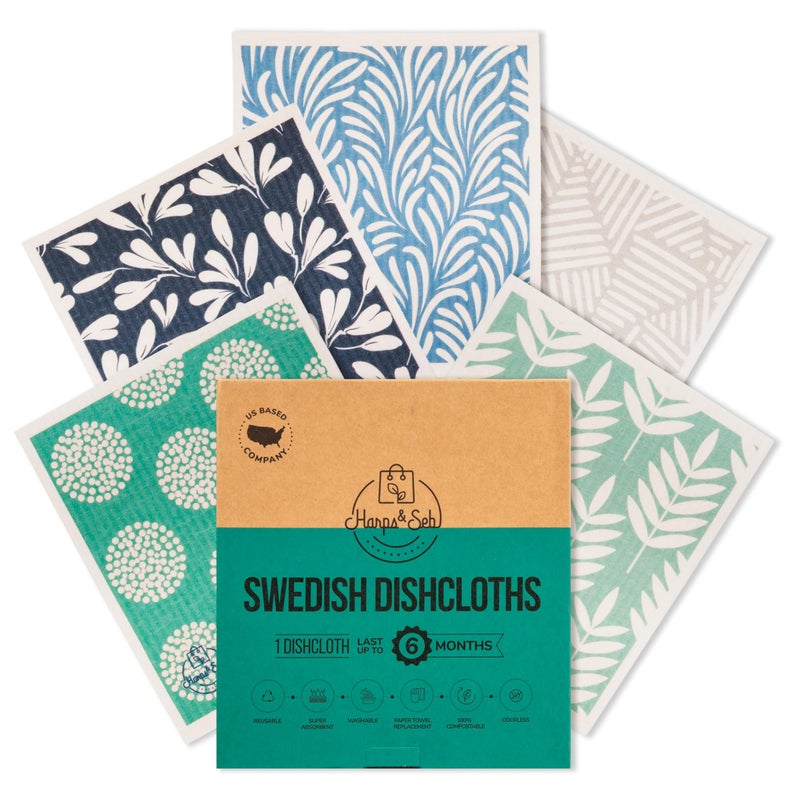 Harps&Seb Swedish Dishcloths for Kitchen Dish Towels - 5 Pack, Non-Scratch Reusable Paper Towels, Super Absorbent Washable Swedish Dish Cloths, No Odor, Biodegradable, Blue Design - Image 5