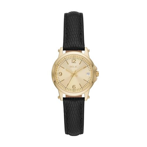 RELIC by Fossil Womens Matilda ThreeHand Date Gold Alloy Metal and Black Leather Band Watch Dainty Gold Watch for Women - Image 1