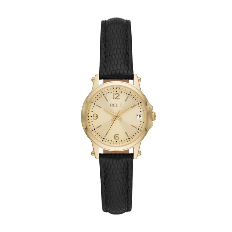 RELIC by Fossil Womens Matilda ThreeHand Date Gold Alloy Metal and Black Leather Band Watch Dainty Gold Watch for Women - Image 2