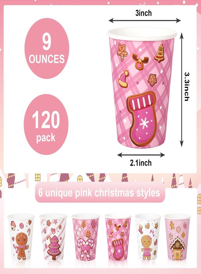 JarThenaAMCS 120Pcs Christmas Paper Cups 9 oz Gingerbread Man Disposable Drinking Cups Pink Brown Xmas Party Cups for Christmas Winter Party Decoration Supplies - Image 2