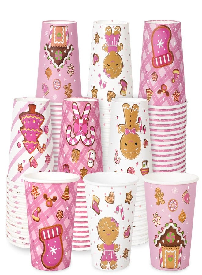 JarThenaAMCS 120Pcs Christmas Paper Cups 9 oz Gingerbread Man Disposable Drinking Cups Pink Brown Xmas Party Cups for Christmas Winter Party Decoration Supplies - Image 1