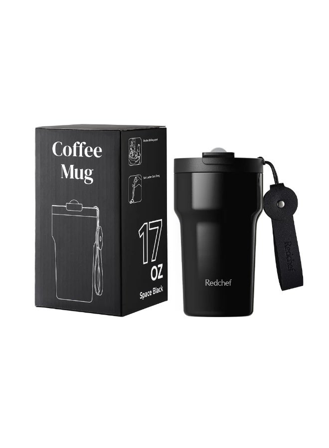Redchef كوب قهوة ريدشيف 500 مل/17 أونصة مبطن بالسيراميك مع ماصة، كوب ساخن وبارد (أسود) - Image 1
