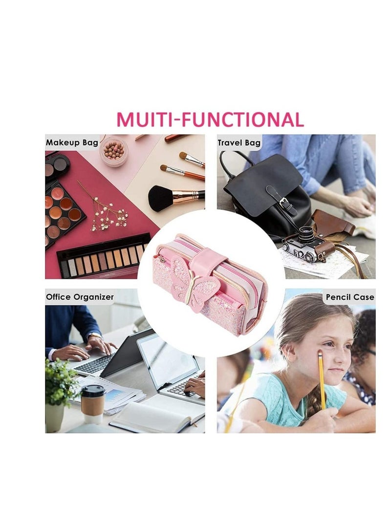 Big Capacity Pencil Case, Canvas Pen Pencil Pouch, Pink Pencil Case Reversible Sequin Pencil Case, Multi Use Stationery Storage Middle High School Organizer for Students - Image 4