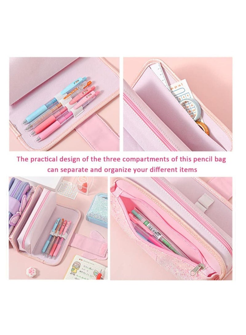 Big Capacity Pencil Case, Canvas Pen Pencil Pouch, Pink Pencil Case Reversible Sequin Pencil Case, Multi Use Stationery Storage Middle High School Organizer for Students - Image 3