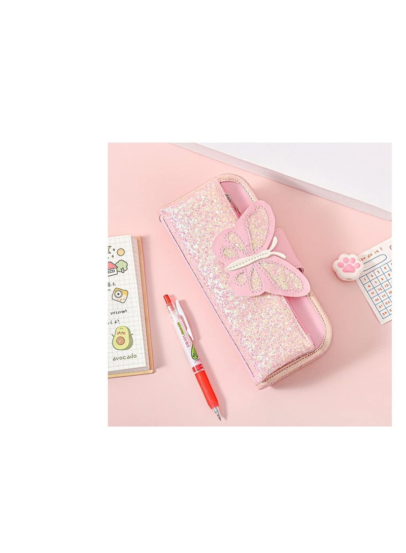 Big Capacity Pencil Case, Canvas Pen Pencil Pouch, Pink Pencil Case Reversible Sequin Pencil Case, Multi Use Stationery Storage Middle High School Organizer for Students - Image 5