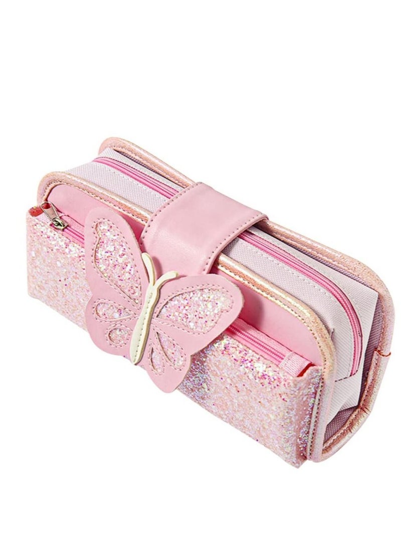 Big Capacity Pencil Case, Canvas Pen Pencil Pouch, Pink Pencil Case Reversible Sequin Pencil Case, Multi Use Stationery Storage Middle High School Organizer for Students - Image 1