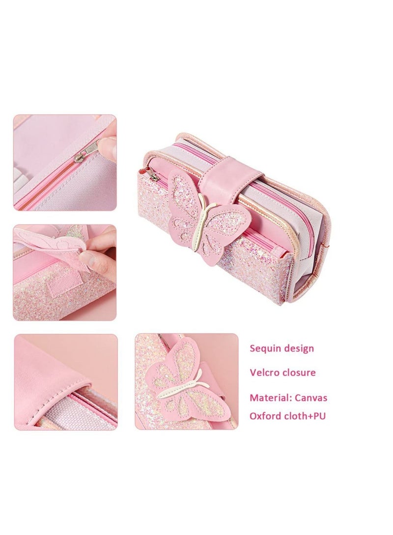 Big Capacity Pencil Case, Canvas Pen Pencil Pouch, Pink Pencil Case Reversible Sequin Pencil Case, Multi Use Stationery Storage Middle High School Organizer for Students - Image 2