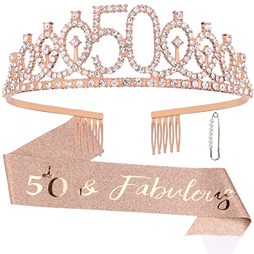 Semato 50th Birthday Decorations for Women Birthday Sash and Crown Kit- 50th Birthday Gifts for Women Party Favors (rose gold) - Image 1