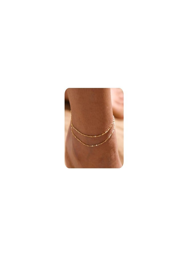 MIDEEO Gold/Silver Ankle Bracelets for Women,14K Gold Anklets for Women Waterproof Cuban Link Heart Beads Herringbone Rhinestone Anklets Set Layered Anklet Bracelets for Women Gold Jewelry Gift, - Image 1