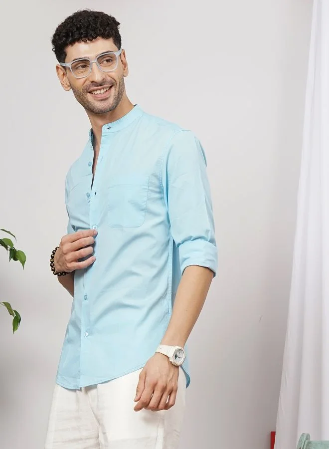 The Indian Garage Co Men Regular Fit Solid Full Sleeves Mandarin Collar Casual Shirt