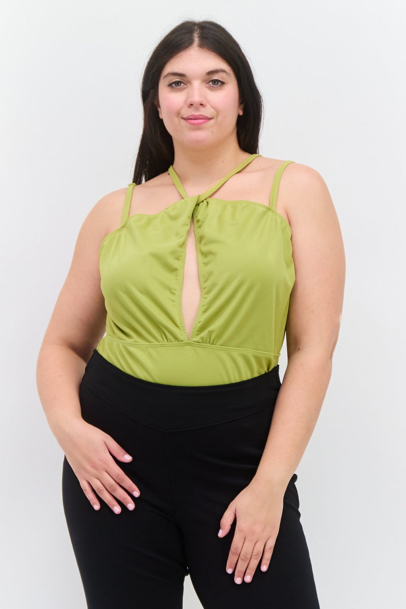 Extro&Vert Women Plus Size Solid Sleeveless Bodysuits, Olive - Image 1