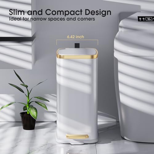 CEROELDA Small Bathroom Trash Can with Lid Soft Close-10L/2.6 Gal Slim Garbage Can-Metal Step Wastebasket-Rectangle Narrow Waste Bin for Office, Bedroom, Toilet, Live Room (White) - Image 2