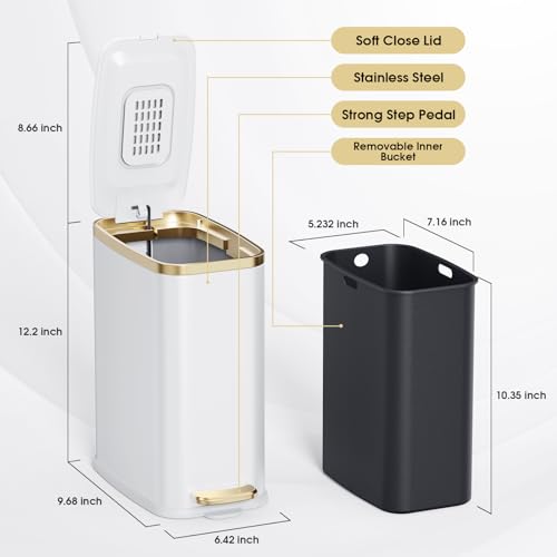 CEROELDA Small Bathroom Trash Can with Lid Soft Close-10L/2.6 Gal Slim Garbage Can-Metal Step Wastebasket-Rectangle Narrow Waste Bin for Office, Bedroom, Toilet, Live Room (White) - Image 5