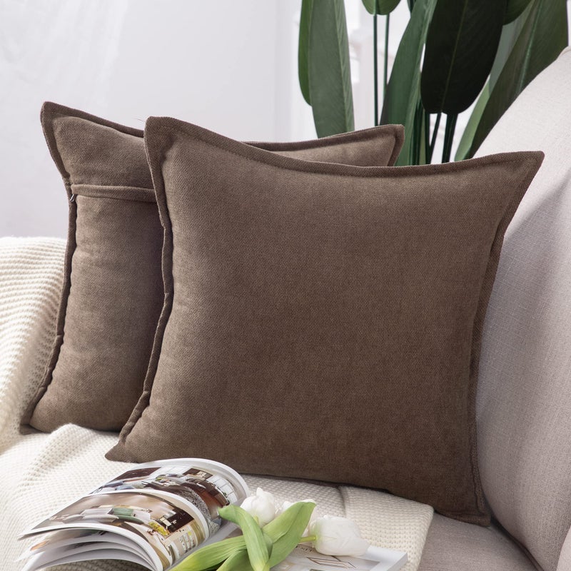 MADIZZ MADIZZ Set of 2 Short Chenille Throw Pillow Covers 20x20 Inch Coffee Soft Decorative Cushion Cover for Sofa Bedroom Pillow Shell  - Image 1