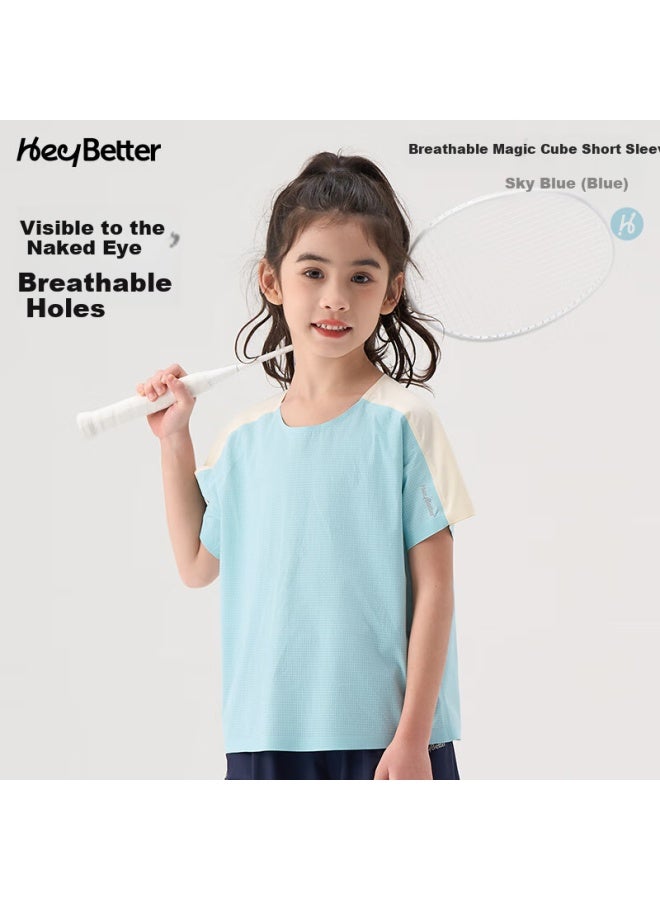 Heybetter Kids Short Sleeve Breathable Moisture Wicking Quick Dry T-Shirt Cool Feeling Sunscreen Sports Sky Blue (Blue) 110