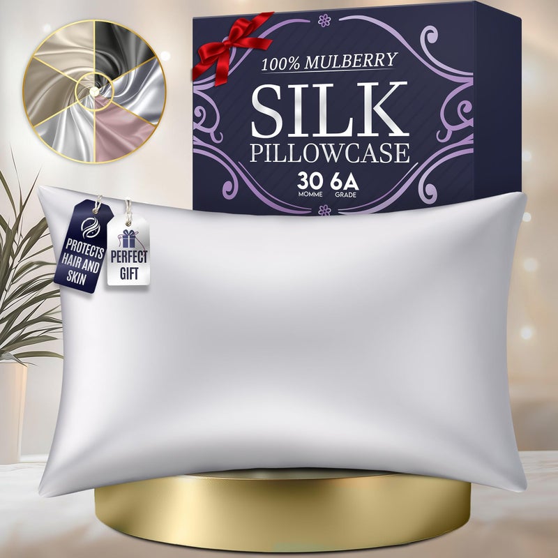 DECOLURE 100% Pure Mulberry Silk Pillow Case King Size - Highest Grade 30 Momme 6A+  Luxuriously Soft & Cooling Silk Pillowcase for Hair & Skin  Hypoallergenic  Breathable  Hidden Zipper (White) - Image 1