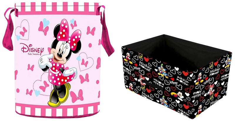 Kuber Industries Disney Minnie Print Round Non Woven Fabric Foldable Laundry Basket & Disney Mickey Print Non Woven Fabric Replacement Rectangular Drawer - Image 1