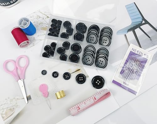 Wennuo 100Pcs Black Sewing Buttons Kit, Including Needle, Sewing Thread, and Threader,5 Sizes 4-Hole Craft Buttons, Suitable for Sewing,Clothes,Suit Coat Shirt Buttons，DIY Decoration (Black) - Image 2