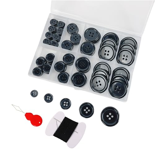 Wennuo 100Pcs Black Sewing Buttons Kit, Including Needle, Sewing Thread, and Threader,5 Sizes 4-Hole Craft Buttons, Suitable for Sewing,Clothes,Suit Coat Shirt Buttons，DIY Decoration (Black) - Image 1