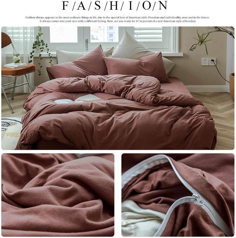 AMWAN Brick Red Duvet Cover King Knitted Cotton Solid Color Bedding Set Simple Style Jersey Knit Cotton Comforter Cover Solid Brick Red Bedding Collection 1 Duvet Cover with 2 Pillowcases King - Image 2