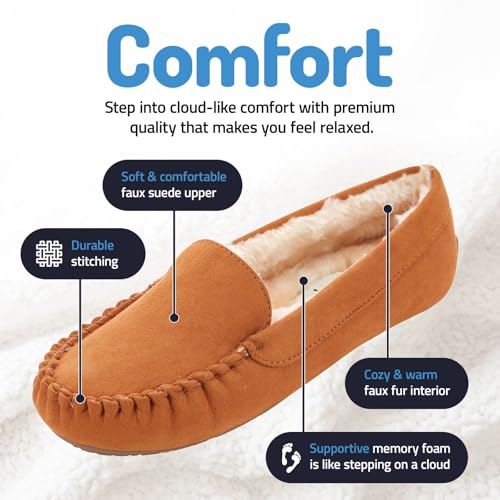 Floopi Women Slippers Moccasins, Soft Faux Fur Lining with Cozy Memory Foam, Ladies House Slippers for Women with Indoor & Outdoor Anti-Skid Sole(7, Chestnut-323) - Image 2