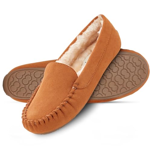 Floopi Women Slippers Moccasins, Soft Faux Fur Lining with Cozy Memory Foam, Ladies House Slippers for Women with Indoor & Outdoor Anti-Skid Sole(7, Chestnut-323) - Image 1