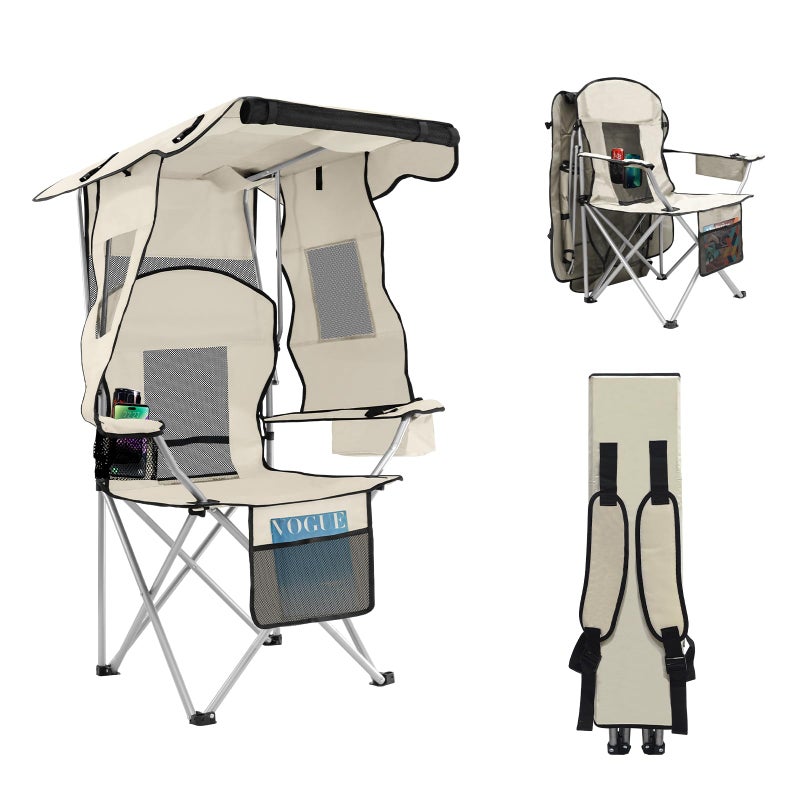 ptlsy Folding Camping Chair with Canopy, Beach Chair with Canopy Shade with Cup Holders, Cooler Bag for Camping, Fishing, Beach, Sports and Concert (White) - Image 1