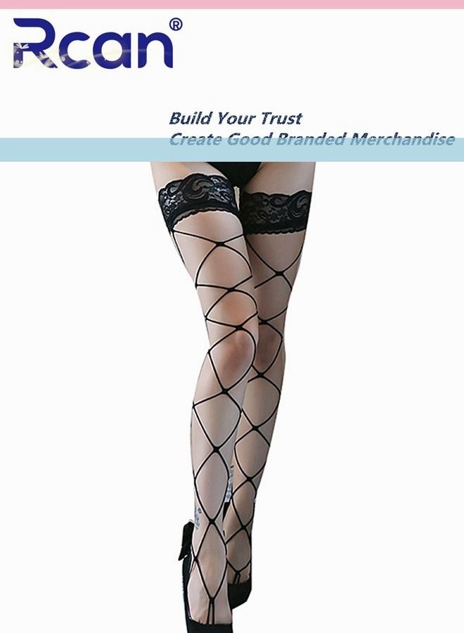 Rcan Women's Fishnet Thigh Socks Non Slip Hollow Stretch Stockings One Size Black  - Image 1