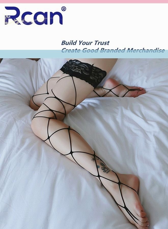 Rcan Women's Fishnet Thigh Socks Non Slip Hollow Stretch Stockings One Size Black  - Image 2