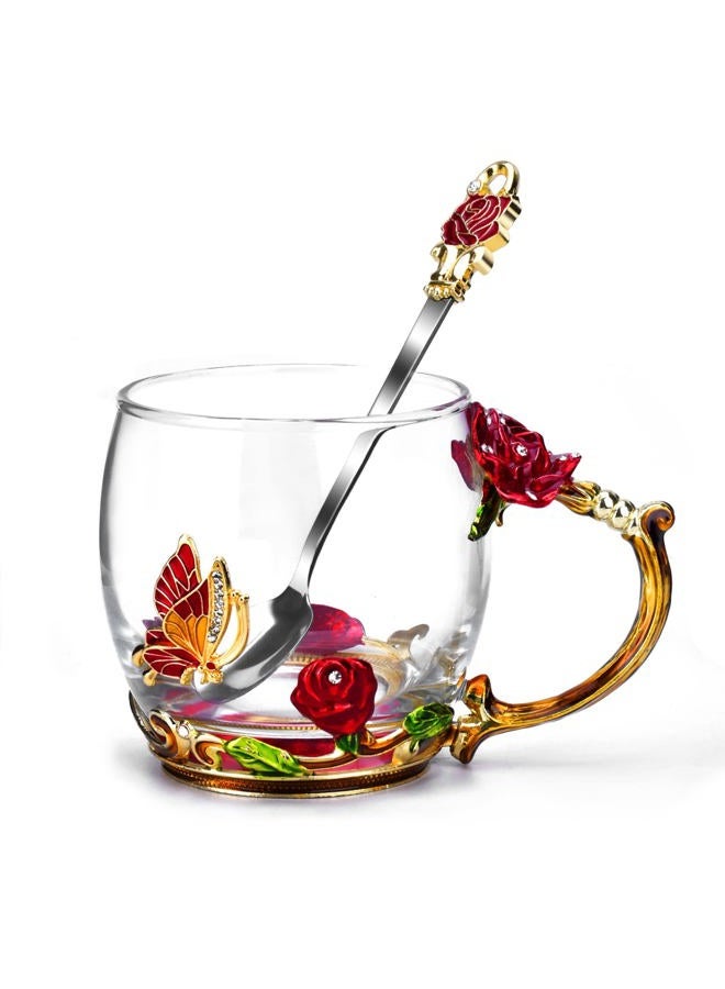 OEAGO Valentines Day Gifts Glass Coffee Enamels Mug Best Valentines Day Butterfly Rose Gifts for Her Women Lead-Free Blue Tea Cup with Spoon Set Gifts for Women Her Mothers Valentines Day 11.3oz - Image 1