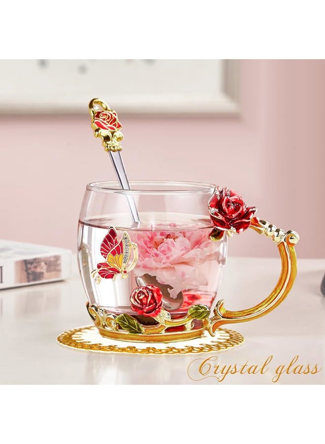 OEAGO Valentines Day Gifts Glass Coffee Enamels Mug Best Valentines Day Butterfly Rose Gifts for Her Women Lead-Free Blue Tea Cup with Spoon Set Gifts for Women Her Mothers Valentines Day 11.3oz - Image 4