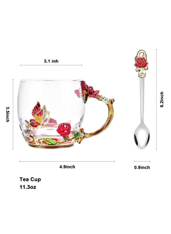 OEAGO Valentines Day Gifts Glass Coffee Enamels Mug Best Valentines Day Butterfly Rose Gifts for Her Women Lead-Free Blue Tea Cup with Spoon Set Gifts for Women Her Mothers Valentines Day 11.3oz - Image 2