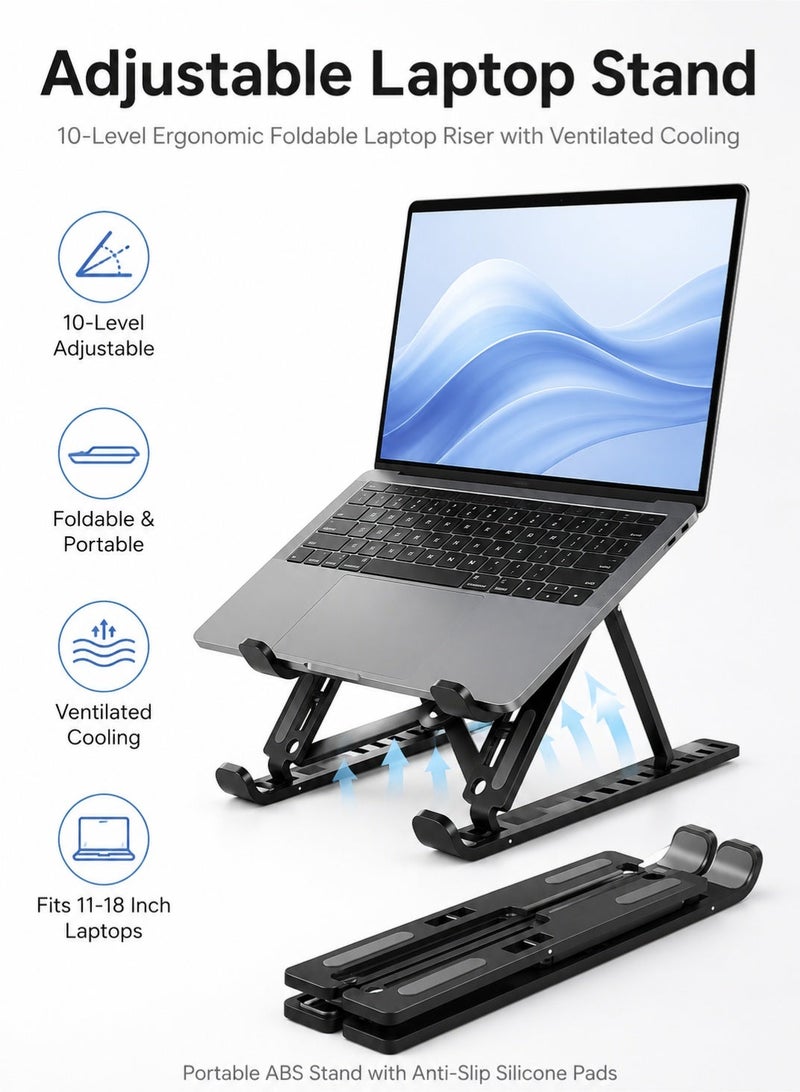 PEI  AN Laptop Stand with 10-Level Adjustable Height for Ergonomic Desk, Foldable Portable Laptop Stand for Travel, Laptop Riser with Ventilated Cooling for MacBook Air Pro Dell XPS HP (Black) - Image 3