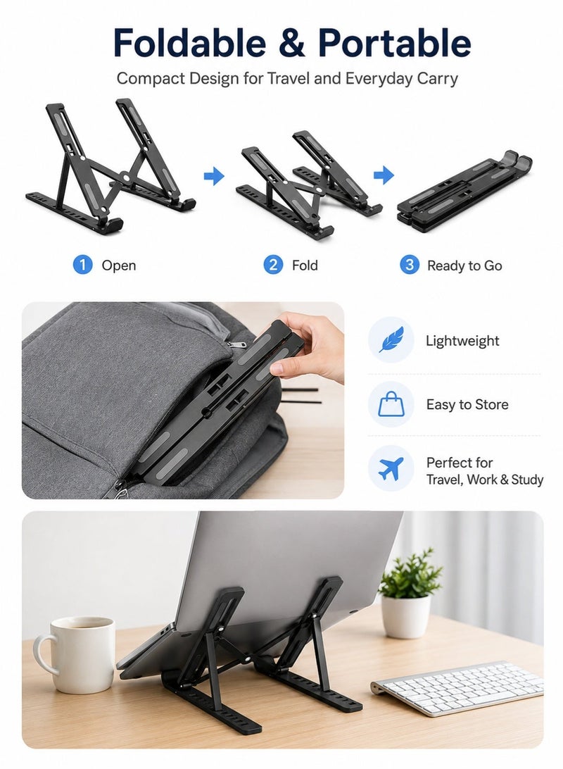 PEI  AN Laptop Stand with 10-Level Adjustable Height for Ergonomic Desk, Foldable Portable Laptop Stand for Travel, Laptop Riser with Ventilated Cooling for MacBook Air Pro Dell XPS HP (Black) - Image 5