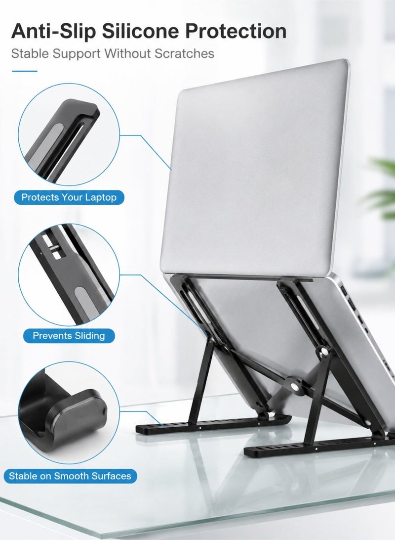 PEI  AN Laptop Stand with 10-Level Adjustable Height for Ergonomic Desk, Foldable Portable Laptop Stand for Travel, Laptop Riser with Ventilated Cooling for MacBook Air Pro Dell XPS HP (Black) - Image 2