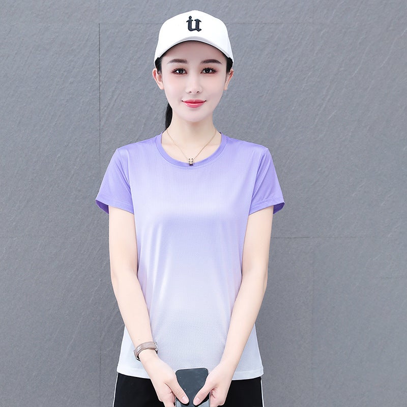 Ice Silk Elastic Quick-Drying Gradient Color-Matching Casual Short-Sleeve Round Neck T-Shirt Women'S Summer Mesh Breathable Loose T-Shirt - Image 1