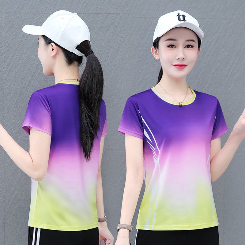 Ice Silk Elastic Quick-Drying Gradient Color-Matching Casual Short-Sleeve Round Neck T-Shirt Women'S Summer Mesh Breathable Loose T-Shirt - Image 3