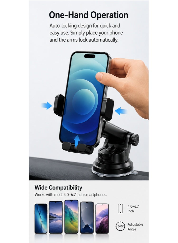 360° Mechanical Car Phone Holder with Strong Suction Cup | One-Hand Operation Mobile Mount for Dashboard & Windshield | Universal Smartphone Holder for Car - Image 2
