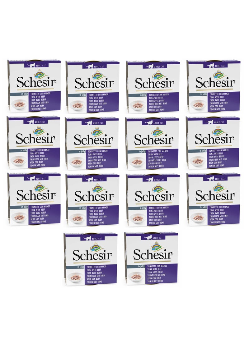شيسر عبوة من 14 طعامًا رطبًا للقطط - سمك التونة مع شرائح اللحم البقري 14 × 85 جم