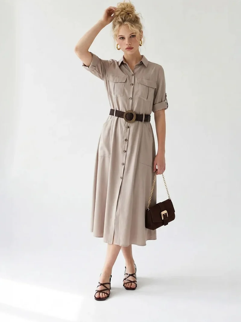 ميكسراي MIXRAY Belted Midi Shirt Dress