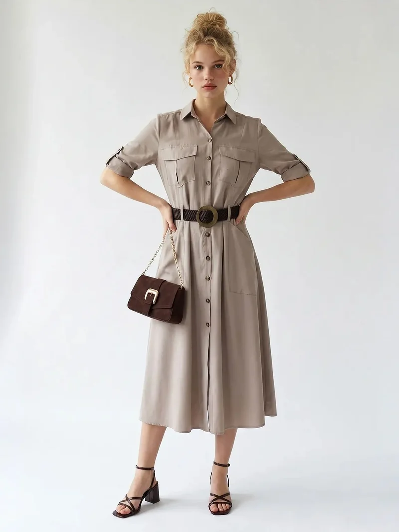 ميكسراي MIXRAY Belted Midi Shirt Dress