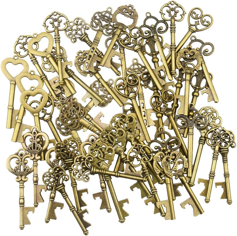 XONOR 50pcs Bottle Openers with Kraft Paper Gift Tags and String for Wedding Favors Antique Rustic Party Decoration (10 Patterns, Bronze) - Image 3