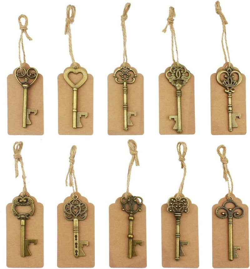 XONOR 50pcs Bottle Openers with Kraft Paper Gift Tags and String for Wedding Favors Antique Rustic Party Decoration (10 Patterns, Bronze) - Image 2