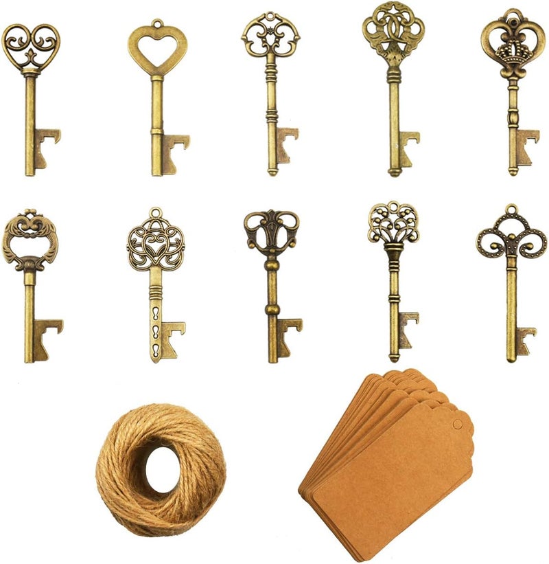 XONOR 50pcs Bottle Openers with Kraft Paper Gift Tags and String for Wedding Favors Antique Rustic Party Decoration (10 Patterns, Bronze) - Image 1